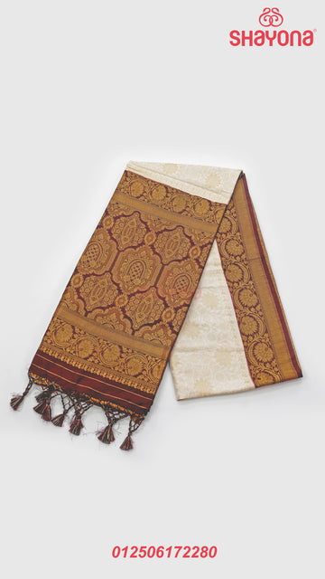 Ivory White & Wine Banarasi Soft Silk Saree with All-Over Jaal and Nakshi Border
