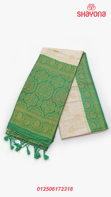 Ivory White & Sea Green Banarasi Soft Silk Saree with All-Over Jaal, Nakshi Border & Pallav