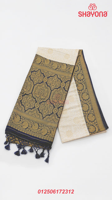 Ivory White & Dark Navy Blue Banarasi Soft Silk Saree with All-Over Jaal and Nakshi Border