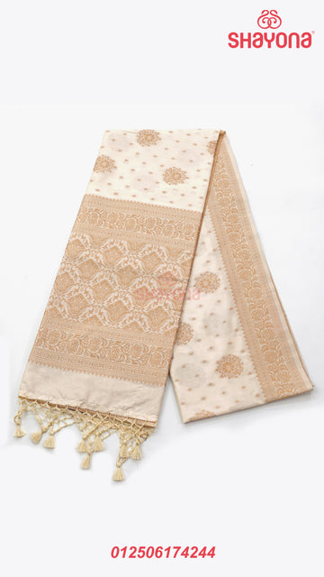 Ivory White Weaved Banarasi Soft Silk Saree