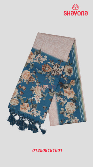 Deep Steel Blue & Light Rose Gold Weaved Tussa Cotton Saree with Multicoloured Floral Butta Jaal