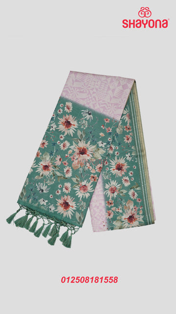 Sea Green & Pink Weaved Tussa Cotton Saree with Multicoloured Floral Butta Jaal