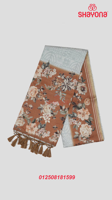 Gray & Brown Weaved Tussa Cotton Saree with Multicoloured Floral Butta Jaal