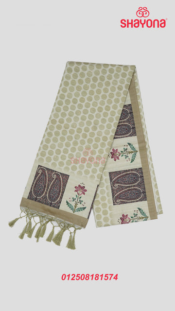 Sage Green Weaved Tussa-Based Cotton Saree with Dark Sage Green Digital Checks & Border