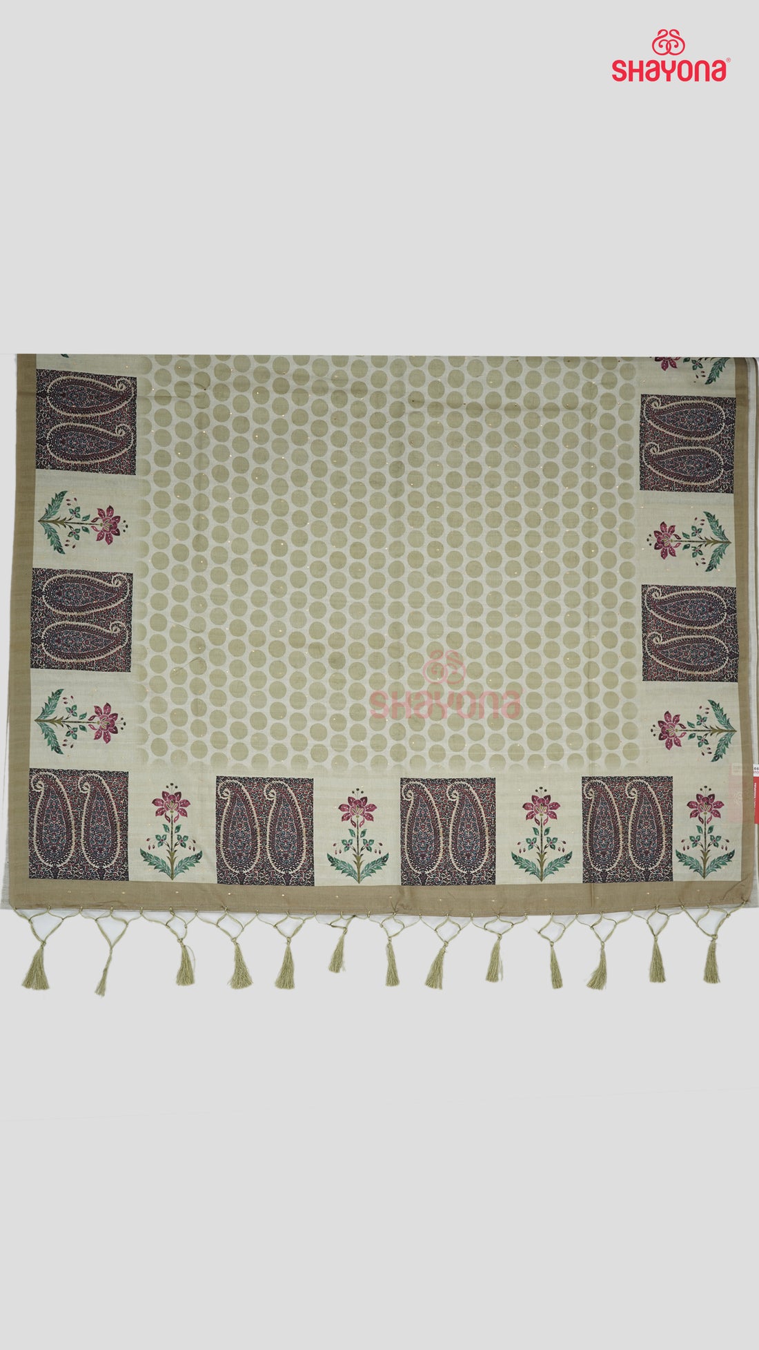 Sage Green Weaved Tussa-Based Cotton Saree with Dark Sage Green Digital Checks & Border