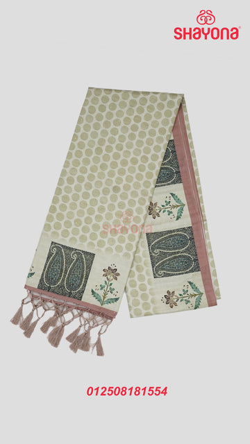 Sage Green Tussa-Based Cotton Saree with Rose Gold Digital Printed Checks & Border