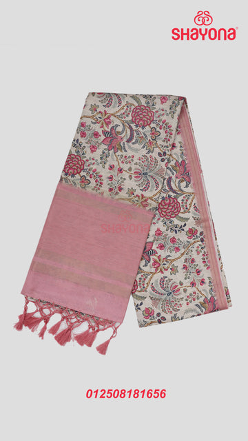 Medium Pink & Light Bisque Tussa Based Cotton Saree with Multicoloured Floral Jaal