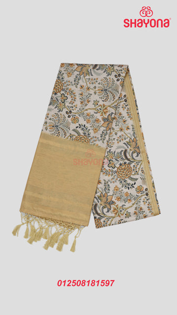 Golden Rod & Light Bisque Tussa Based Cotton Saree with Multicoloured Floral Jaal