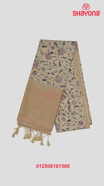 Light Gold Tussa Based Cotton Saree with Multicoloured Floral Jaal