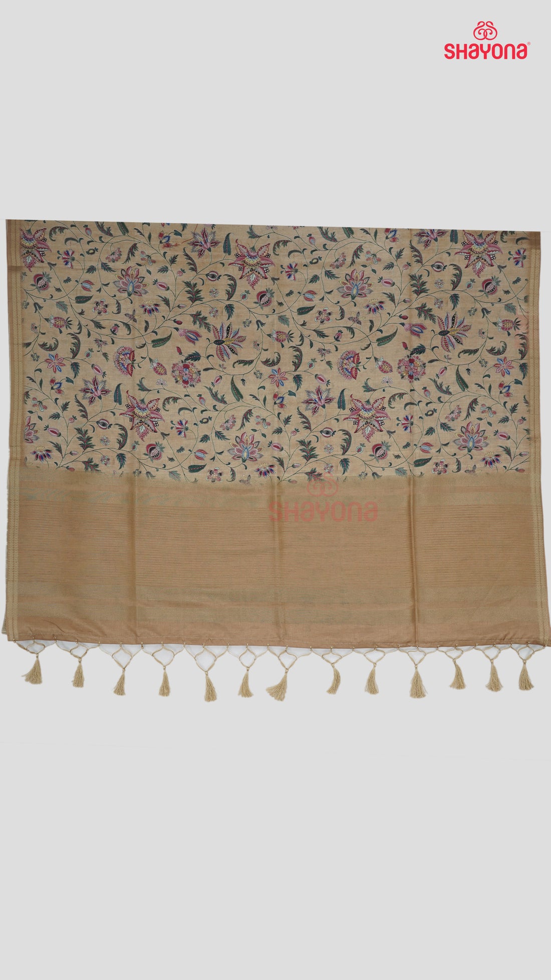 Light Gold Tussa Based Cotton Saree with Multicoloured Floral Jaal