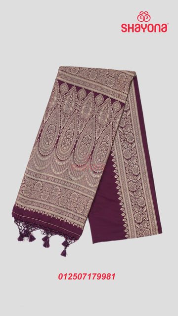Wine Banarasi Soft Silk Saree with Plain Gala & Nakshi Border