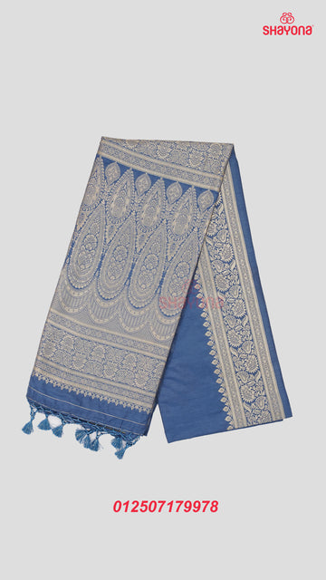 Light Navy Blue Banarasi Soft Silk Saree with Plain Gala & Nakshi Border