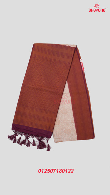 Linen & Dark Purple Banarasi Soft Silk Saree with Rose Gold Butta Jaal and Heavy Pallav