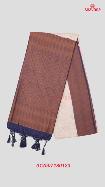 Linen & Dark Navy Blue Banarasi Soft Silk Saree with Rose Gold Jaal and Heavy Pallav