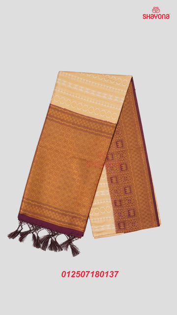 Almond & Wine Banarasi Soft Silk Saree with Golden Nakshi Jaal & Heavy Pallav
