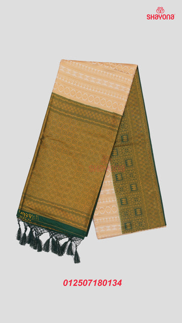 Almond & Pomona Green Banarasi Soft Silk Saree with Golden Nakshi Jaal & Heavy Pallav