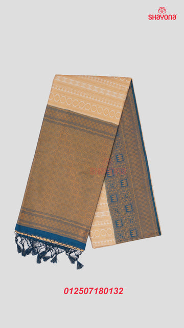Deep Steel Blue & Almond Banarasi Soft Silk Saree with Golden Nakshi Jaal & Heavy Pallav