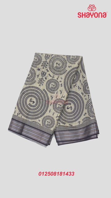 Sage Green Tussa Cotton Saree with Geometric Diamond Butti