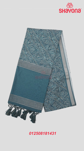 Deep Steel Blue Tussa Cotton Saree with Bandhani Jaal