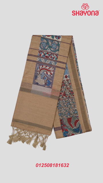 Light Gold Tussa Cotton Saree with Digital Printed Design