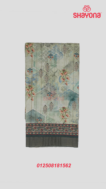 Light Olive Tussa Based Cotton Saree with Multicoloured Digital Floral Butta & Nakshi Border
