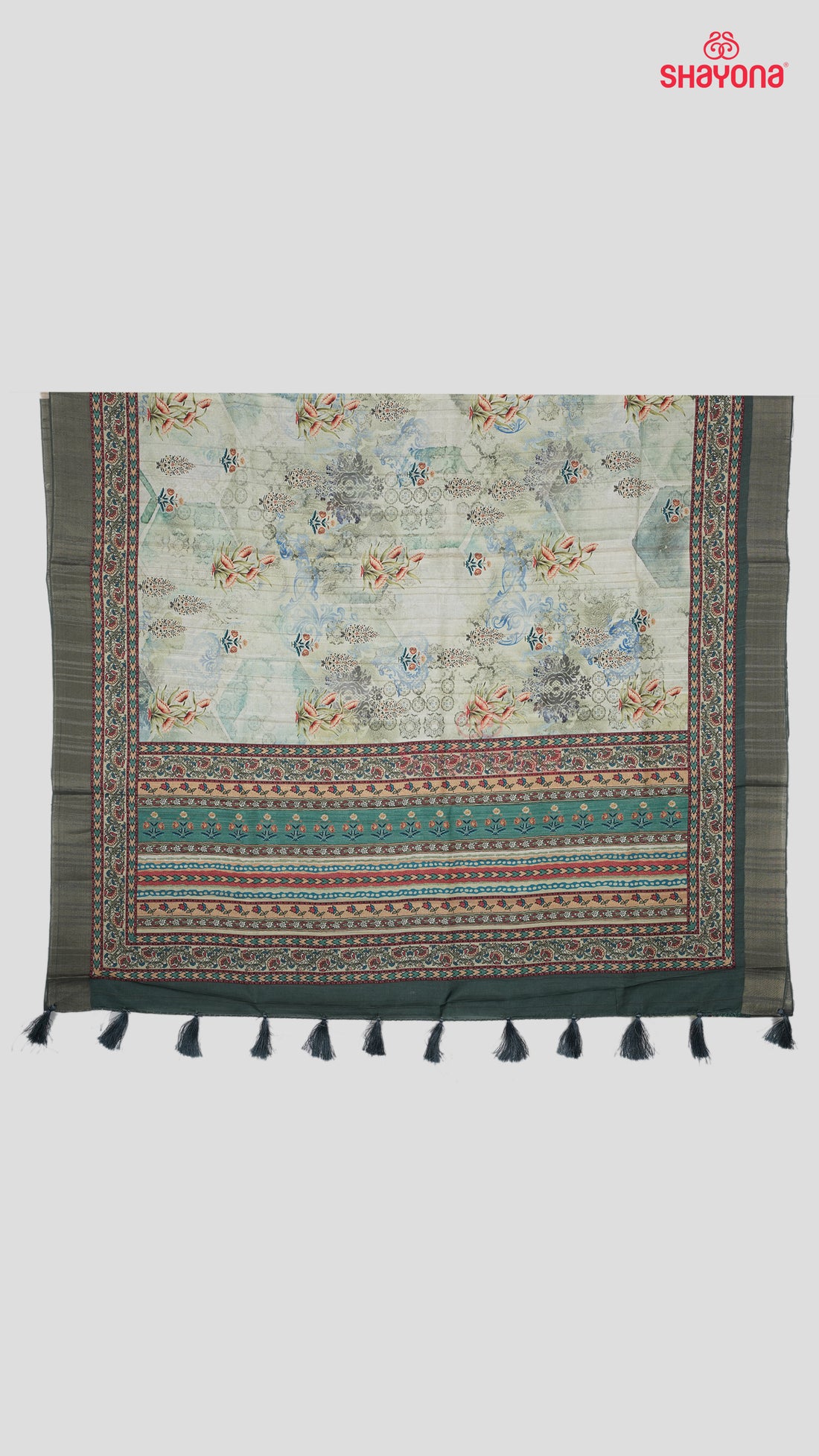 Light Olive Tussa Based Cotton Saree with Multicoloured Digital Floral Butta & Nakshi Border