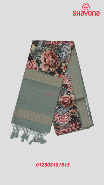 Green & Multicolour Shade Weaved Tussa Cotton Saree with Floral Jaal