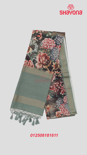 Green & Multicolour Shade Weaved Tussa Cotton Saree with Floral Jaal