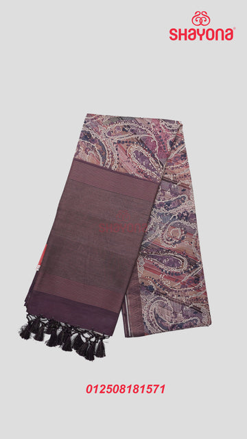 Dark Purple Tussa Cotton Saree with Digital Buttis & Jaal