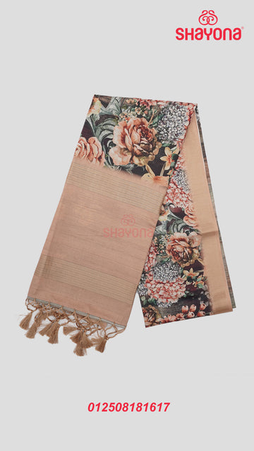 Light Gold & Multicolour Weaved Tussa Cotton Saree with Multicoloured Floral Jaal