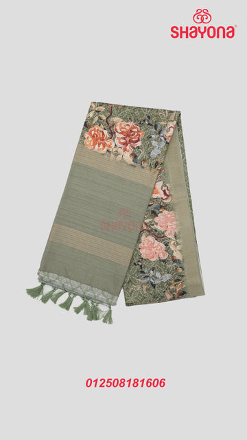 Dark Sage Green Tussa Cotton Saree with Bandhani Jaal & Floral Border