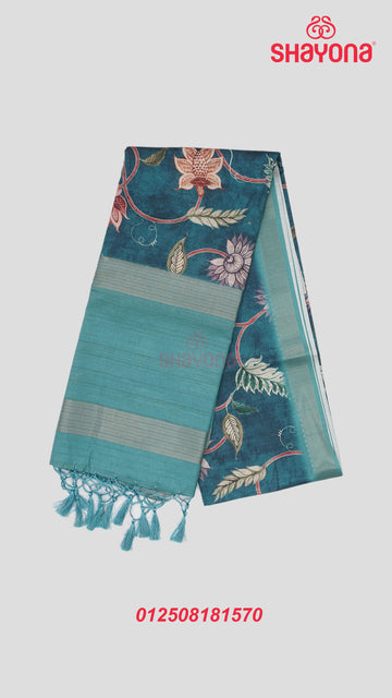 Deep Steel Blue Tussa Cotton Saree with Digital Printed Jaal & Waves