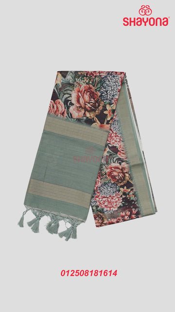 Green & Multicolour Shade Weaved Tussa Cotton Saree with Floral Jaal