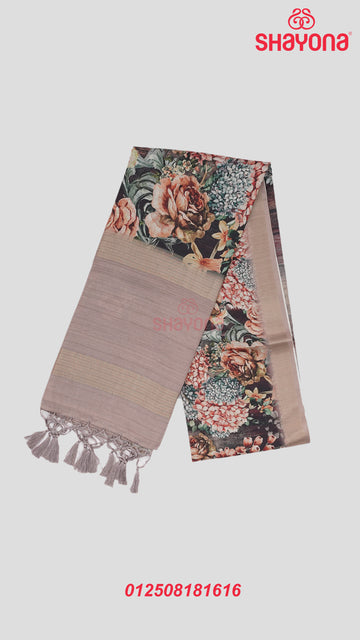 Elegant Rosy Gray & Multicolour Tussa Cotton Saree – Perfect Blend of Tradition and Style