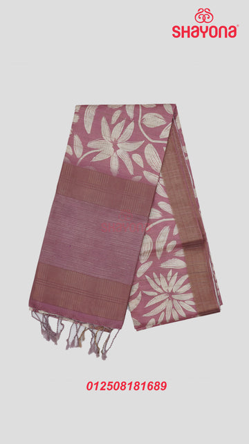 Dark Lavander Tussa Based Cotton Saree with Ivory Floral Jaal