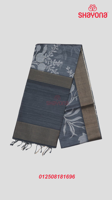 Deep Gray Tussa Based Cotton Saree with Gray Floral Jaal
