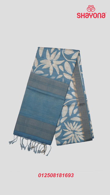 Light Navy Blue Tussa Based Cotton Saree with Ivory Floral Jaal