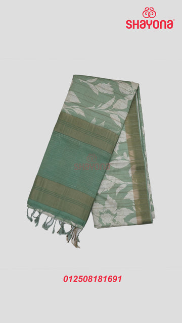 Medium Green Tussa Based Cotton Saree with Ivory Floral Jaal