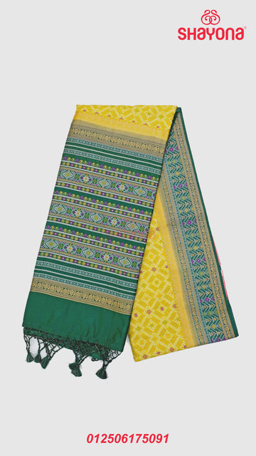Yellow Gold & Dark Green Ghicha Art Silk Saree – Royal Weave in Earthy Tones