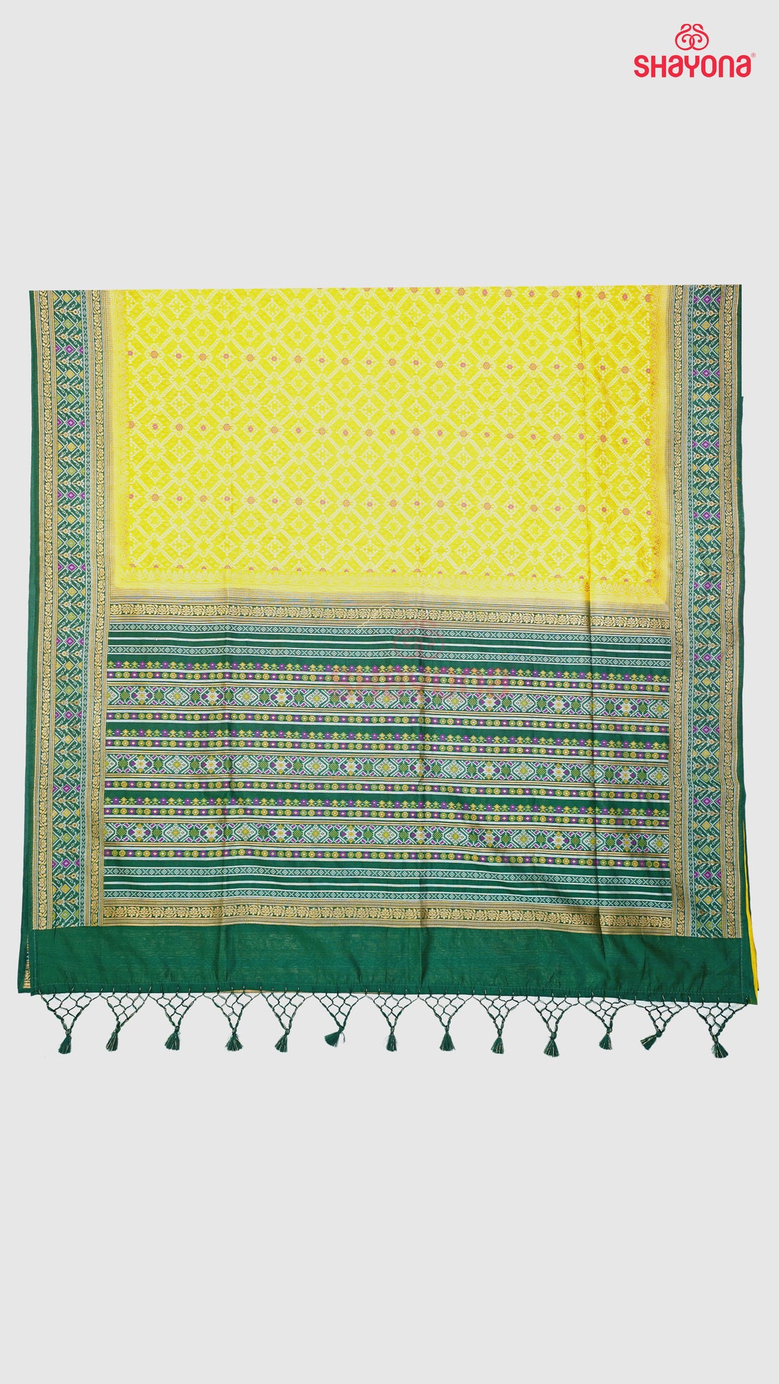 Yellow Gold & Dark Green Ghicha Art Silk Saree – Royal Weave in Earthy Tones
