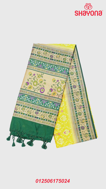 yellow Gold & Pomona Green Ghicha Art Silk Saree with Minakari work