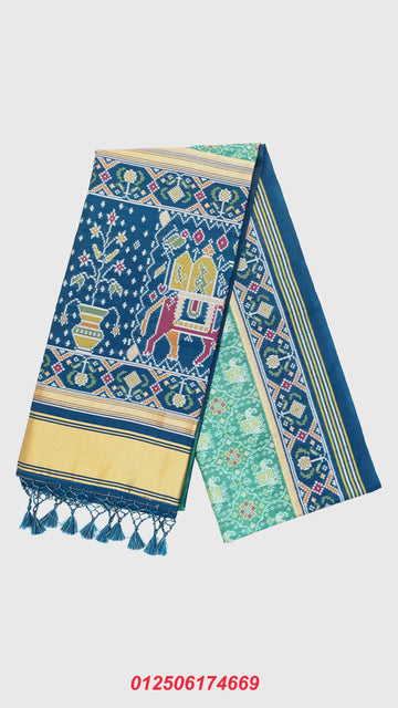 Medium Green & Deep Steel Blue Ghicha Art Silk Saree