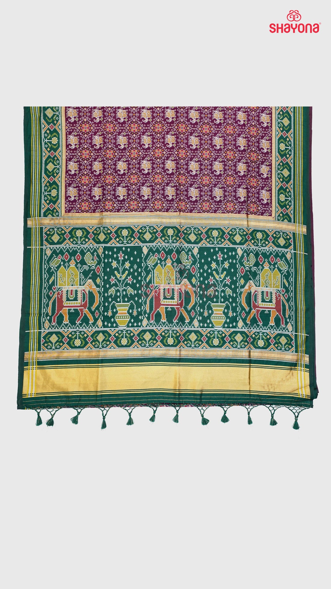 Wine & Pomona Green Ghicha Art Silk Saree