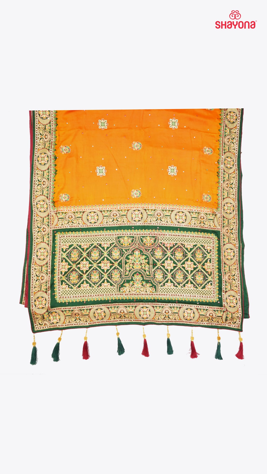 Orange & Dark Green Pure Gajji Silk Gharchola Saree