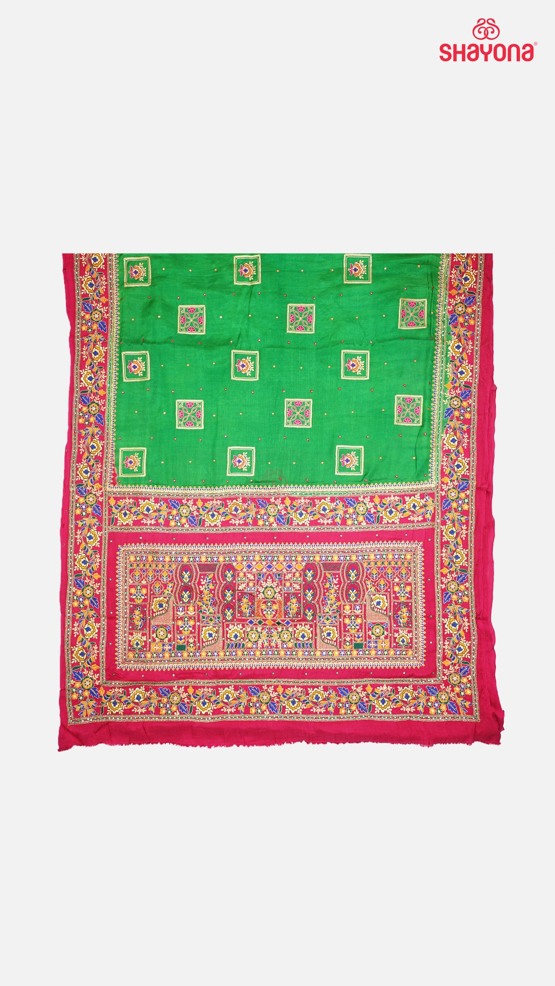 Medium Green & Violet Red Pure Gajji Silk Gharchola Saree