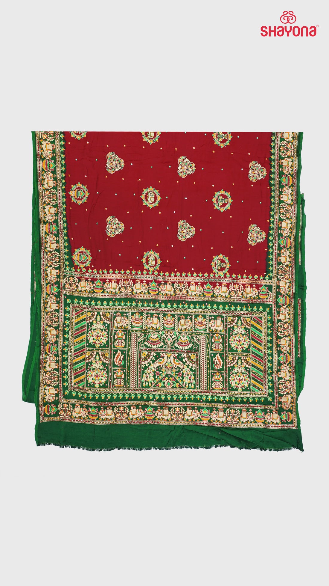 Maroon & Dark Green Pure Gajji Silk Gharchola Saree