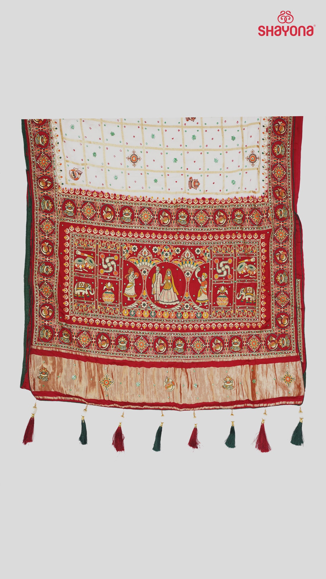 White & Maroon Pure Gajji Silk Gharchola Saree