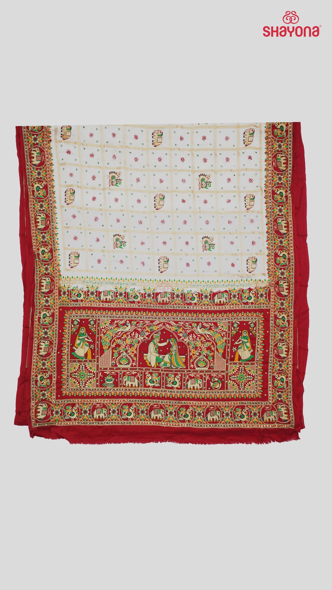 White & Maroon Pure Gajji Silk Gharchola Saree