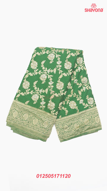 Dark Green Banarasi Georgette Khaddi Print Saree with All Over Jaal Weaving, Nakshi Border & Heavy Pallav