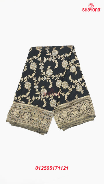 Black Banarasi Georgette Khaddi Print Saree with All-Over Butti, Jaal Weave, Nakshi Border & Heavy Pallav